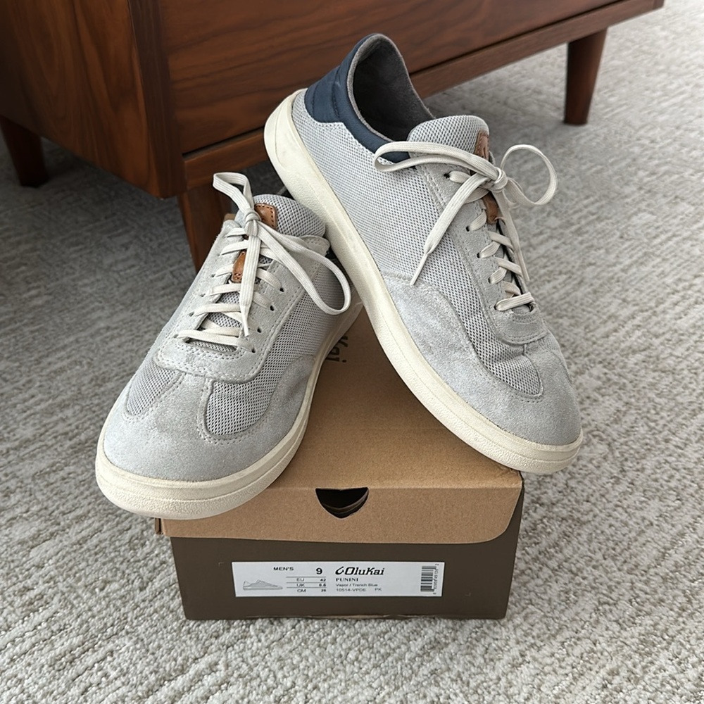 Olukai Punini Men's Casual Lace-Up Sneakers in Vapor/Trench Blue.
